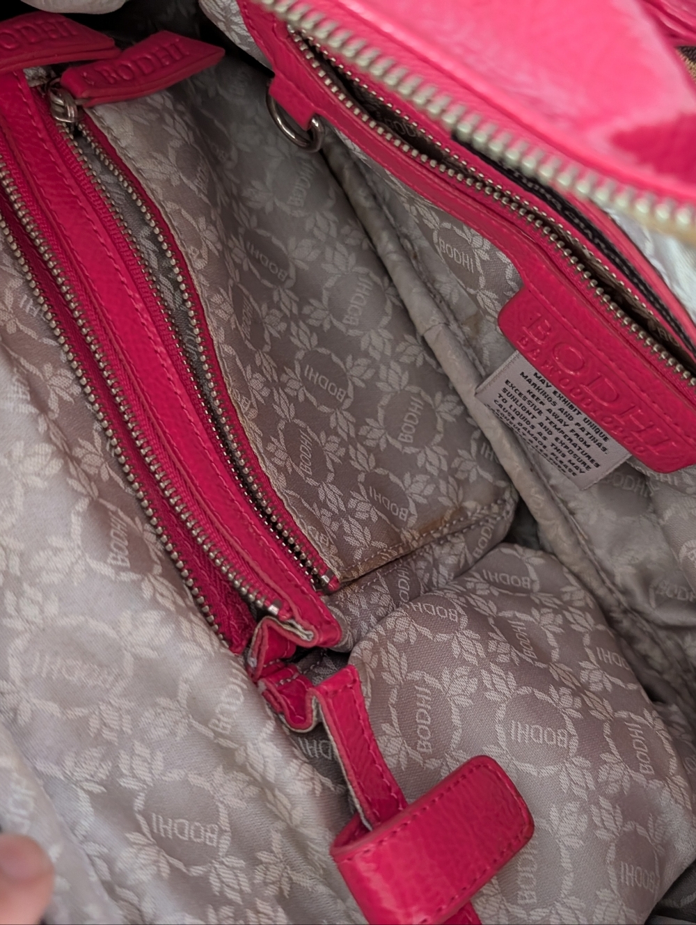 BODHI Geo Greek Key Fabric Patent Leather Satchel Bag Handbag Tote Tan/Pink - Picture 8 of 9